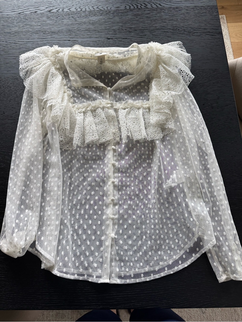 Sheer Ivory Lace Ruffle Blouse - Feminine Button-Front Top
